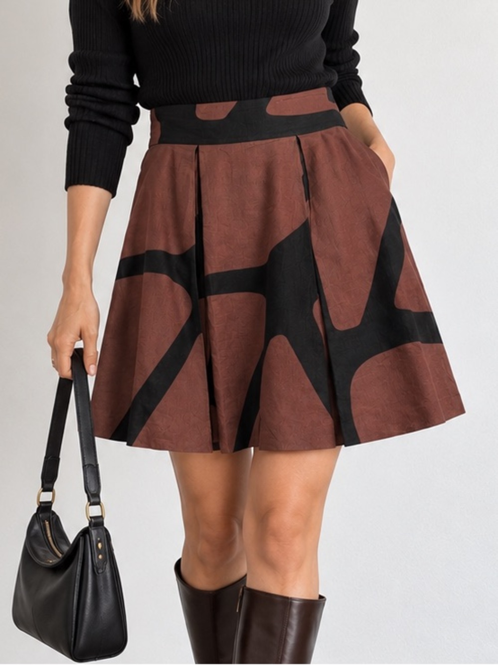 Banana Republic 100% Linen Abstract Pleated A Line Skirt Brown Black Size 12